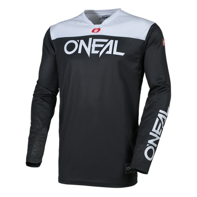 Das O'NEAL HARDWEAR Jersey ELITE ist ein schwarz-weißes Langarm-Motocross-Trikot mit auffälligem O'NEAL-Branding auf der Brust und dem rechten Ärmel, Netzeinsätzen für Atmungsaktivität und einem kleinen Logoaufnäher am Saum.