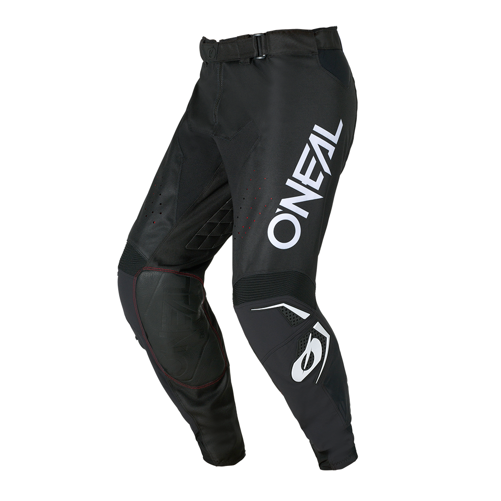 Die O'NEAL HARDWEAR Pants ELITE ist eine schwarze Motocross-Hose mit weißem O'NEAL-Branding, die mit verstärkten Einsätzen und Schutzpolstern an Knien und Oberschenkeln ausgestattet ist und für den Einsatz im Gelände oder beim Motocross entwickelt wurde.
