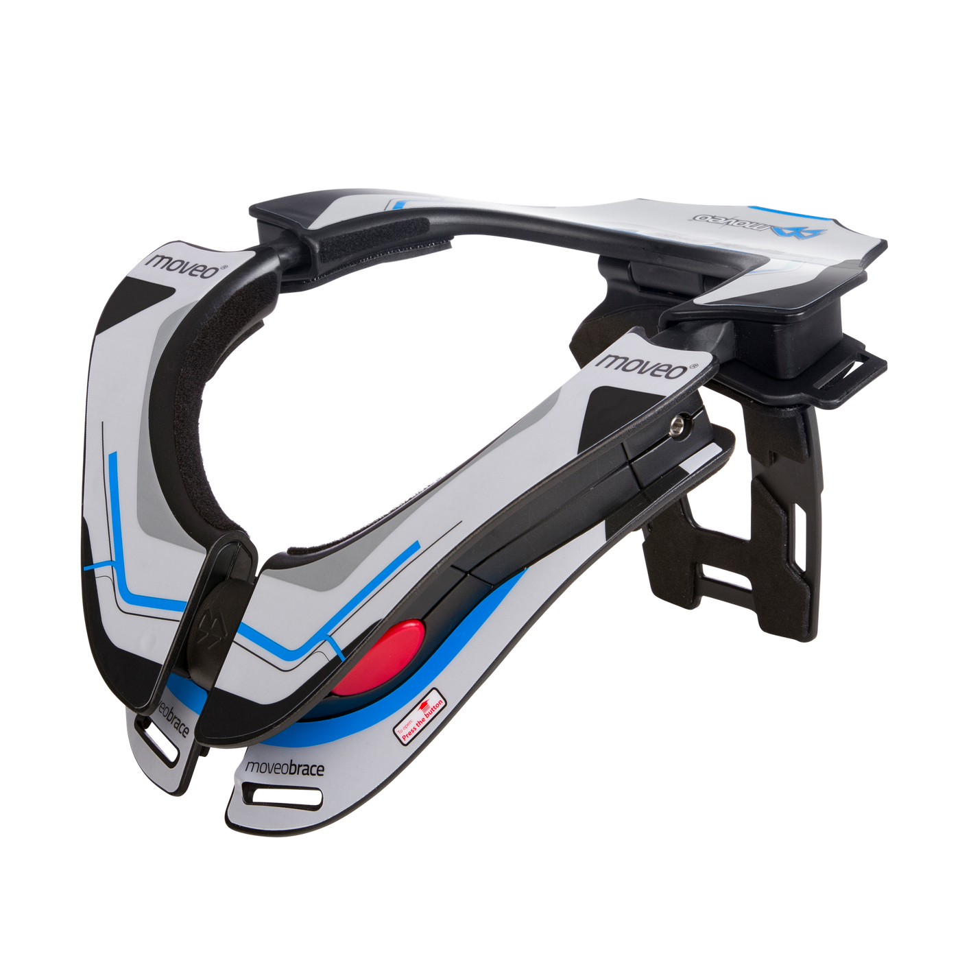 Der MOVEO Nackenschutz CONCEPT von MOVEO in grau, schwarz und blau mit verstellbaren Teilen zeichnet sich durch eine moderne, kantige Linienführung für den Nackenschutz im Motorsport aus. Der Markenname ist gut sichtbar auf weißem Hintergrund angebracht.