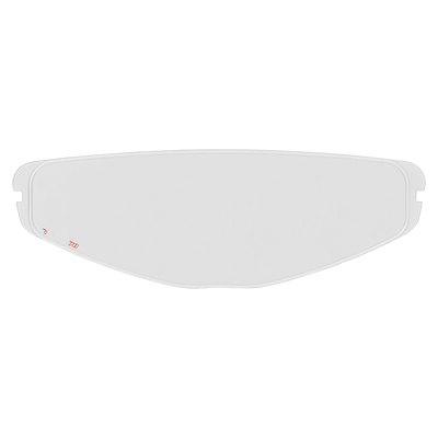 Der O'NEAL Pinlock 70 MaxVision Visor D-SRS Helmeinsatz ist ein klares, gebogenes Kunststoffvisier mit kleinen Einkerbungen an beiden Enden und einem dezenten roten O'NEAL-Logo und -Text auf der linken Seite.