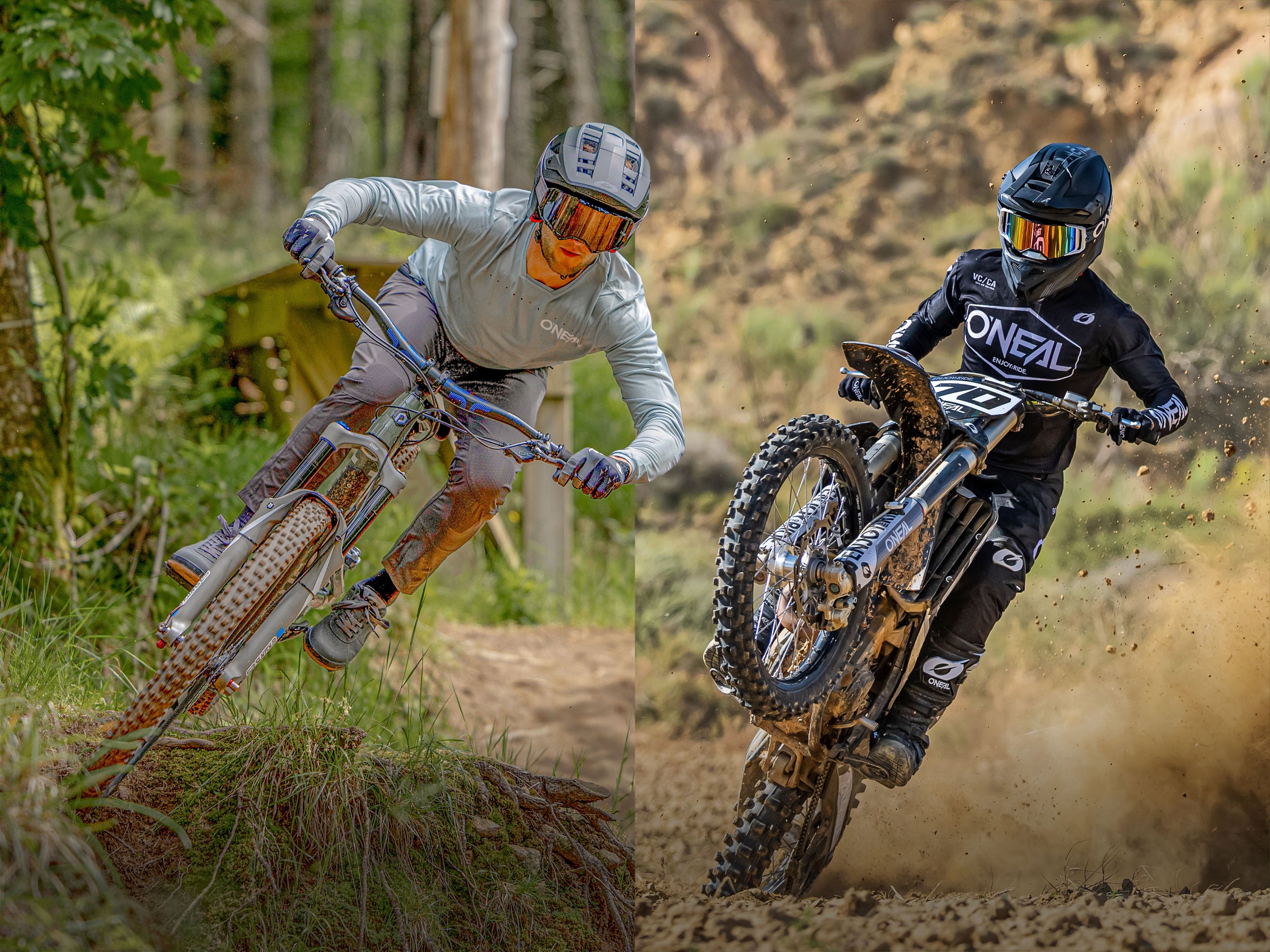Ein geteiltes Bild zeigt links einen Mountainbiker, der durch einen Wald bergab fährt, und rechts einen Motocross-Fahrer, der sein Vorderrad auf einer Sandpiste hebt. Beide tragen Helme und Schutzausrüstung.