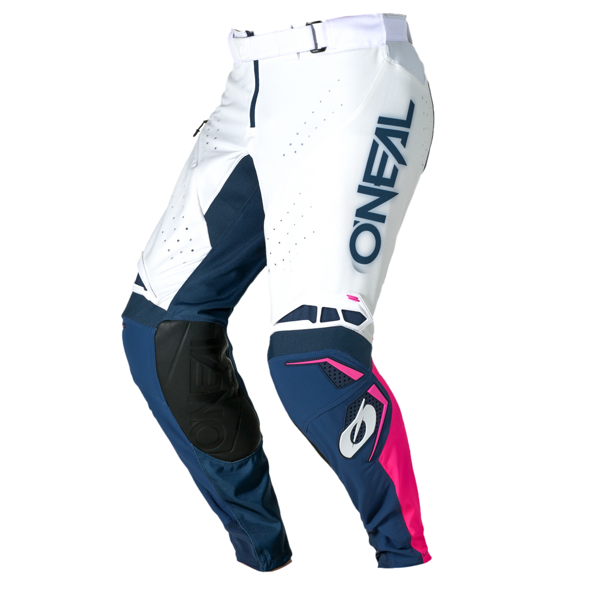 Die O'NEAL PRODIGY Hose FIVE FIVE FADE von O'NEAL Europe besticht durch ein dynamisches Design in Marineblau, Pink und Weiß mit dem Markennamen in Blau auf dem linken Bein, verstärkten Knien und Belüftungsdetails.