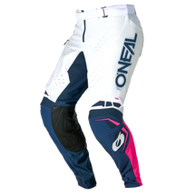 Die O'NEAL PRODIGY Hose FIVE FIVE FADE von O'NEAL Europe besticht durch ein dynamisches Design in Marineblau, Pink und Weiß mit dem Markennamen in Blau auf dem linken Bein, verstärkten Knien und Belüftungsdetails.
