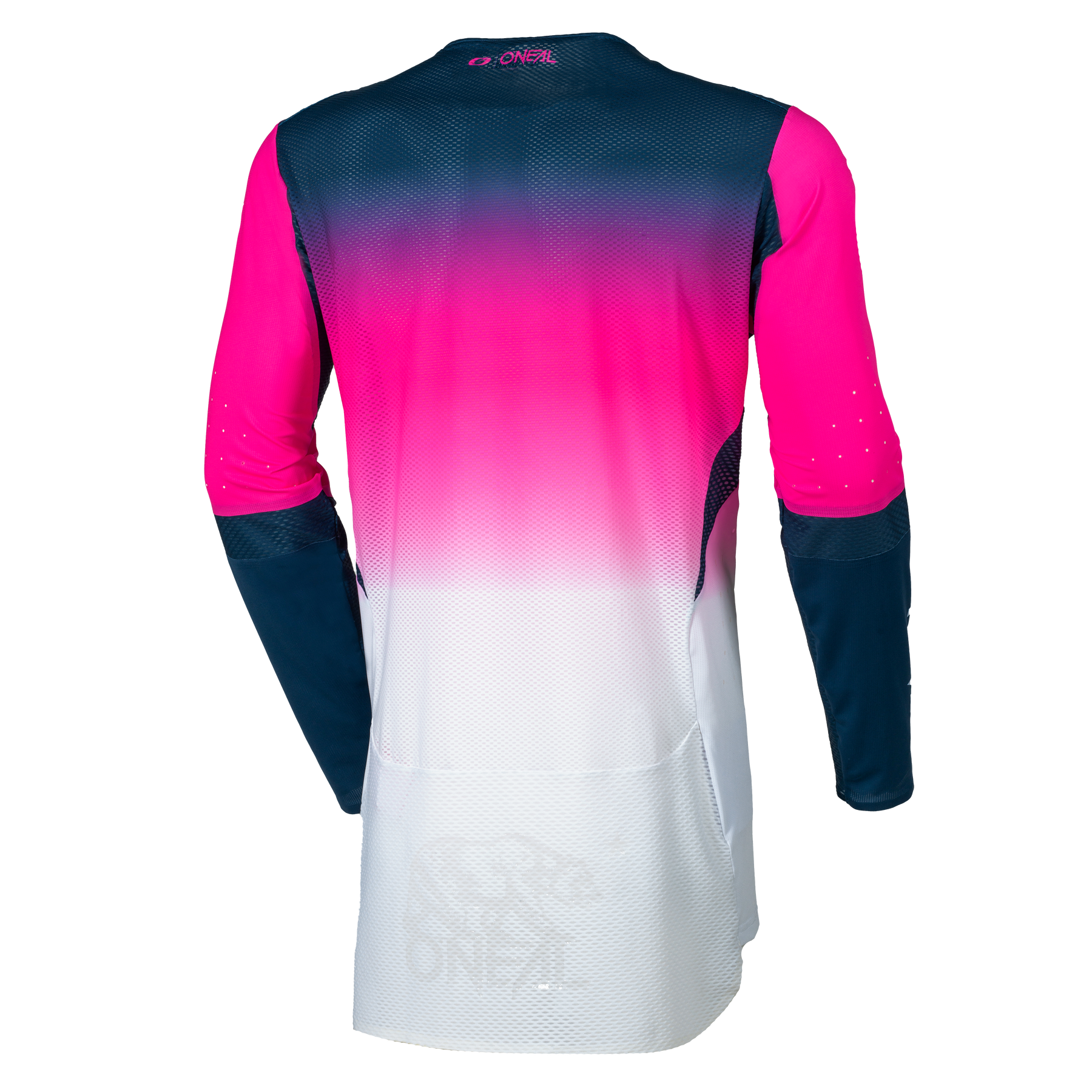 Das O'NEAL Europe PRODIGY Jersey FIVE FIVE FADE zeigt eine Rückansicht mit langen Ärmeln und einem Farbverlaufsdesign, das von Dunkelblau oben nach Rosa und Weiß unten übergeht.