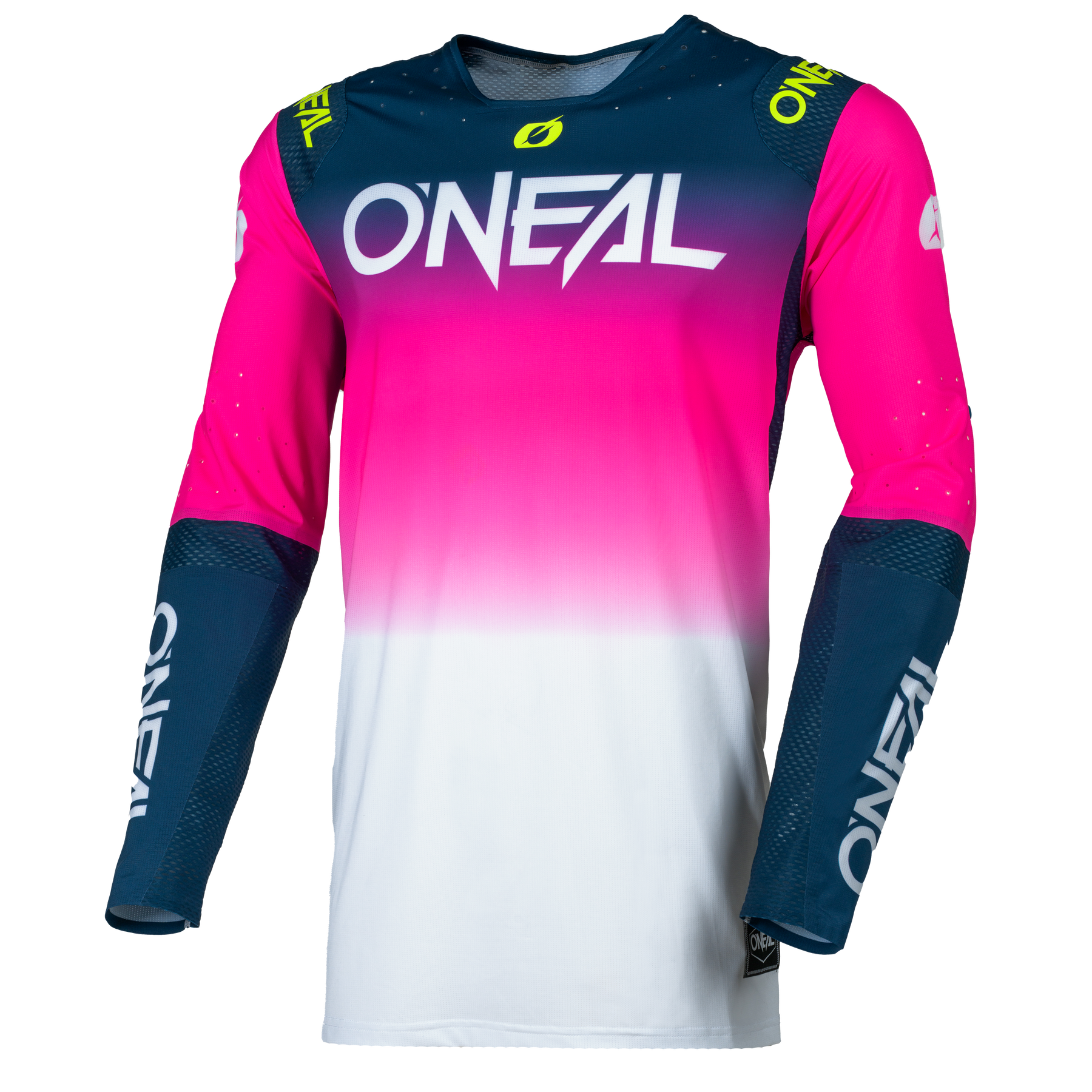 Das O'NEAL PRODIGY Jersey FIVE FIVE FADE von O'NEAL Europe besticht durch sein Langarm-Design mit einem Farbverlauf von Navy über Pink nach Weiß. Es verfügt über markante weiße O'Neal-Logos auf der Vorderseite, den Ärmeln und den Schultern.