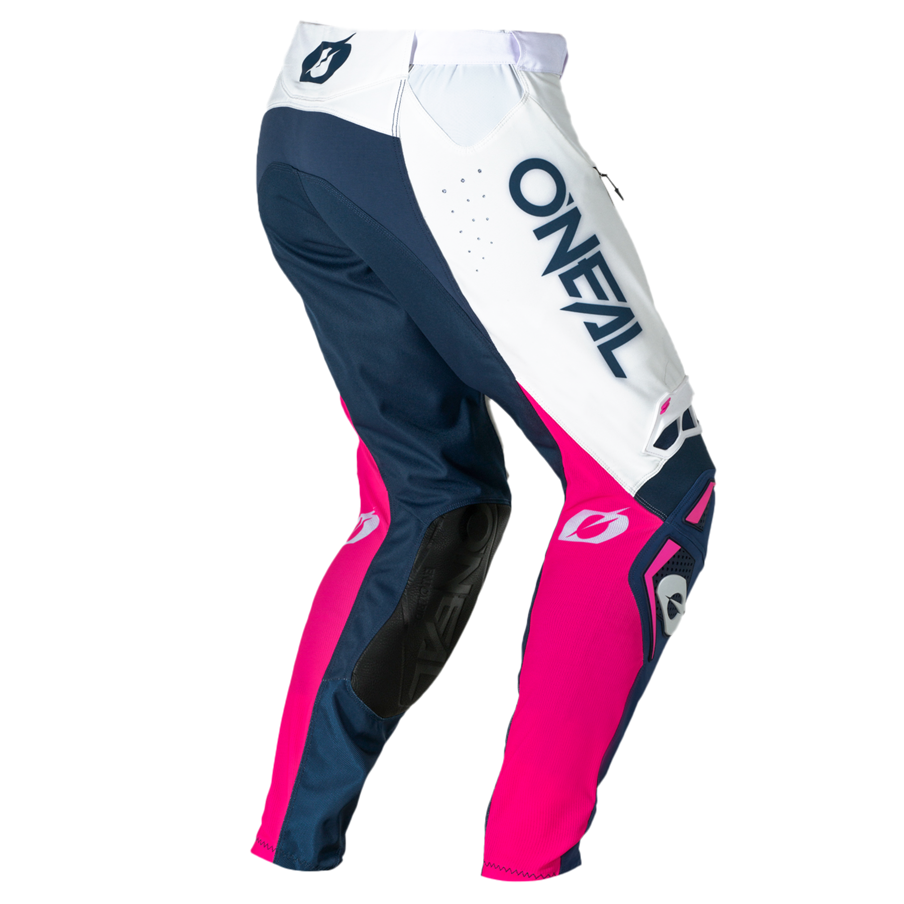 Die O'NEAL PRODIGY Hose FIVE FIVE FADE ist eine Motocross-Hose in den Farben Weiß, Marineblau und Hellrosa, mit einem "O'NEAL"-Branding an der Seite und verstärkten Kniepartien.