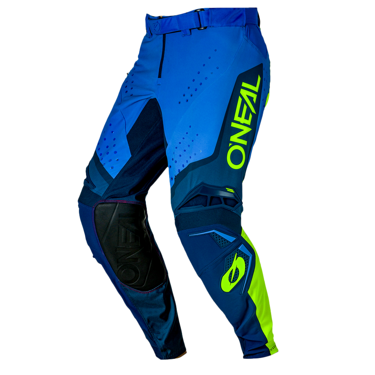 Die O'NEAL PRODIGY Hose FIVE FIVE RACE von O'NEAL Europe besticht durch einen sportlichen Look mit den Farben Blau/Neongelb, „O'Neal“ vertikal an der Seite, dunklen Knieschützern und dynamischen geometrischen Mustern.