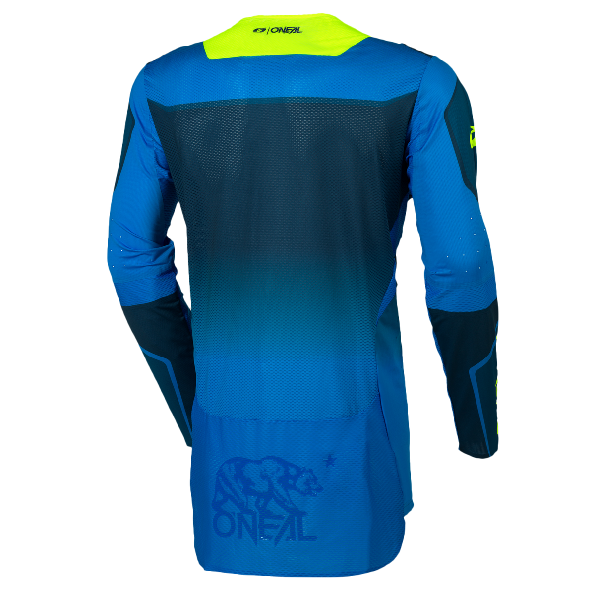 Das O'NEAL PRODIGY Jersey FIVE FIVE RACE von O'NEAL Europe ist ein blau-blaugrünes Langarm-Sporttrikot mit gelb-grünen Akzenten, einer Bärengrafik auf dem unteren Rücken, belüftetem Material für Atmungsaktivität und dem O'Neal-Logo im Nacken.
