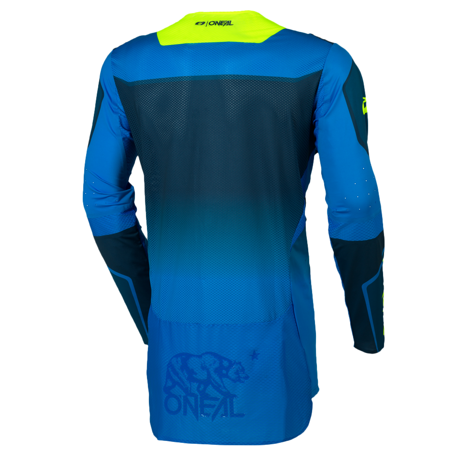 Die Rückenansicht zeigt das O'NEAL PRODIGY Jersey FIVE FIVE RACE: ein langärmeliges, blaugrünes Motocross-Trikot mit gelben Akzenten, Mesh-Belüftungseinsätzen und einer Bärengrafik sowie "O'Neal"-Schriftzug auf dem unteren Rücken.