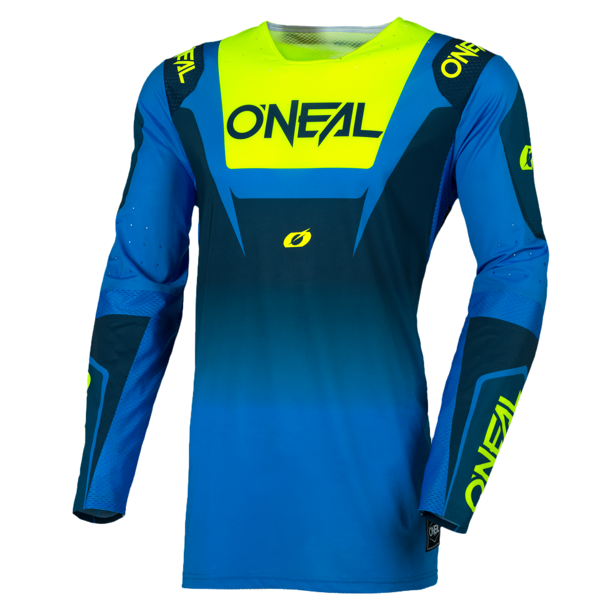Das O'NEAL PRODIGY Jersey FIVE FIVE RACE von O'NEAL Europe verfügt über ein Farbverlaufsdesign in Blau/Neongelb mit auffälligem Branding auf Brust und Ärmeln.