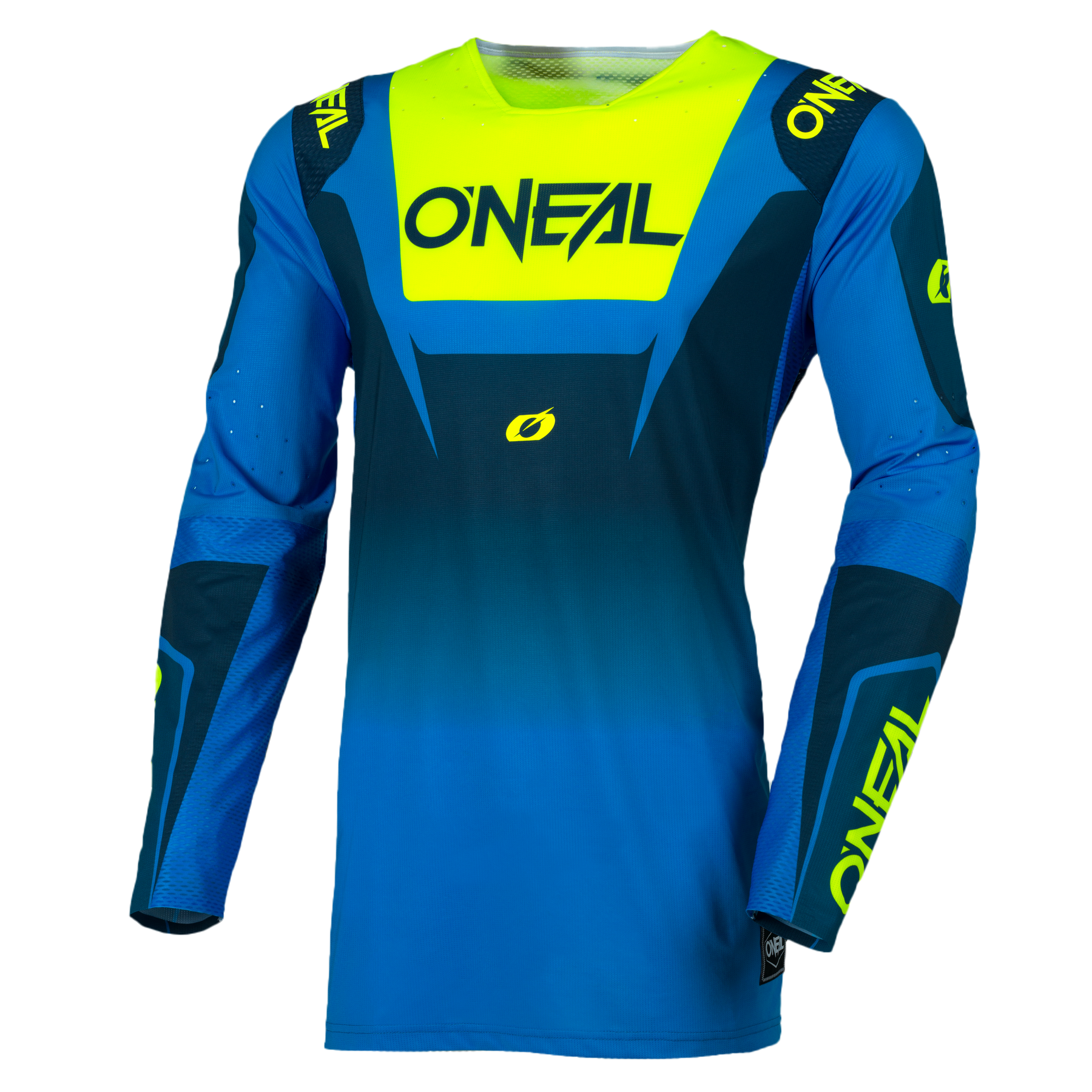 Das O'NEAL PRODIGY Jersey FIVE FIVE RACE ist ein langärmeliges Motocross-Trikot in Blautönen mit neongelben Akzenten, das den O'NEAL-Markennamen auf der Brust, dem linken Handgelenk und der rechten Schulter trägt.