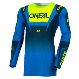 Das O'NEAL PRODIGY Jersey FIVE FIVE RACE ist ein langärmeliges Motocross-Trikot in Blautönen mit neongelben Akzenten, das den O'NEAL-Markennamen auf der Brust, dem linken Handgelenk und der rechten Schulter trägt.