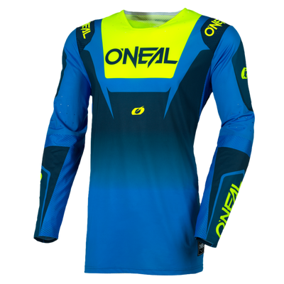 Das O'NEAL PRODIGY Jersey FIVE FIVE RACE von O'NEAL Europe verfügt über ein Farbverlaufsdesign in Blau/Neongelb mit auffälligem Branding auf Brust und Ärmeln.