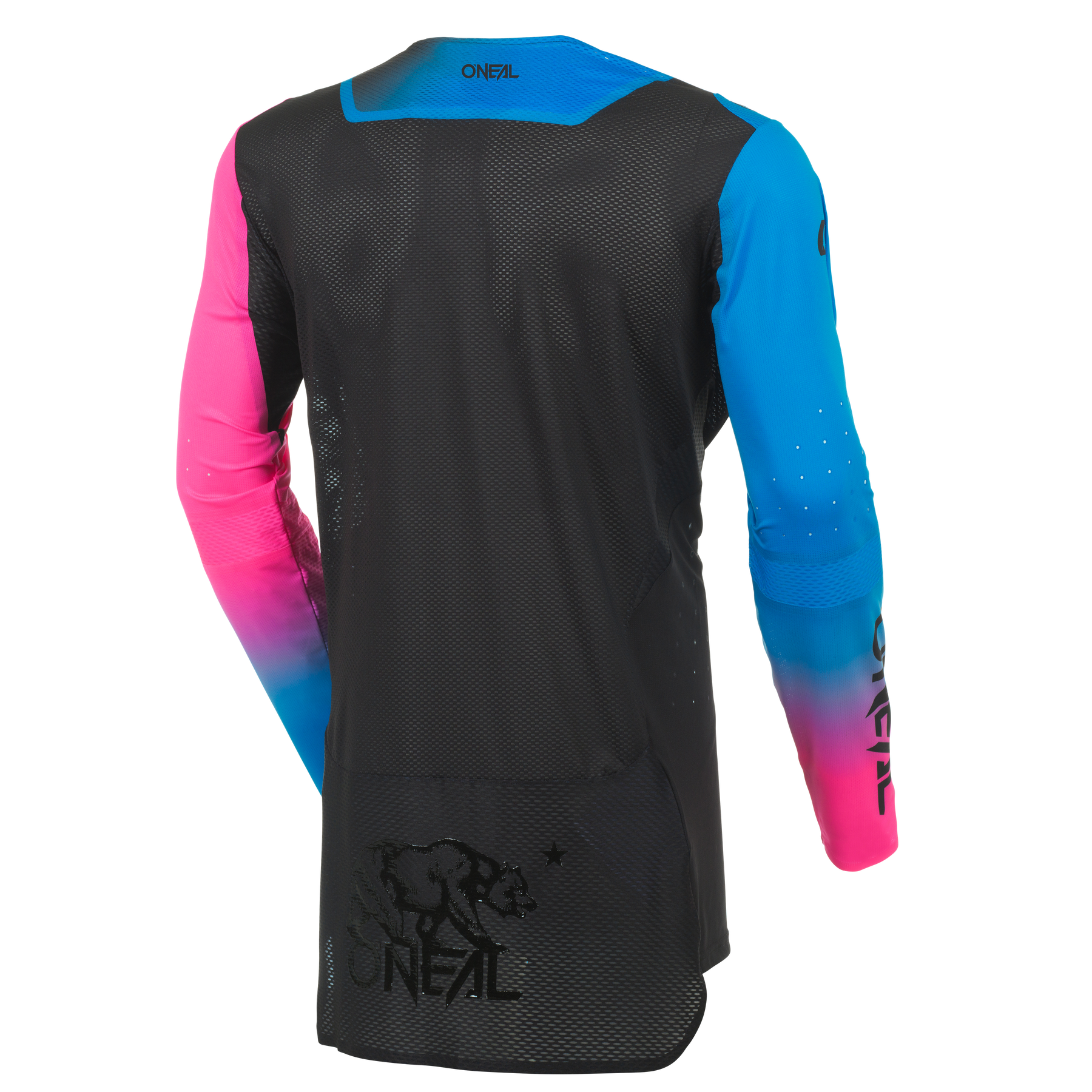 Das O'NEAL Europe PRODIGY FIVE SIX Trikot hat einen schwarzen Rücken aus atmungsaktivem Mesh, lange Ärmel mit blau-rosa Farbverlauf und ein kalifornisches Bärenlogo im unteren Rückenbereich. Von hinten auf weißem Hintergrund abgebildet.