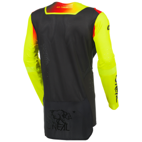 Das O'NEAL PRODIGY FIVE SIX Trikot von O'NEAL Europe hat leuchtend gelbe lange Ärmel, rot-orangefarbene Schulterakzente, eine schwarze Rückseite mit dem O'Neal-Logo und einer Bärengrafik und ist aus atmungsaktivem Material für hohen Tragekomfort.