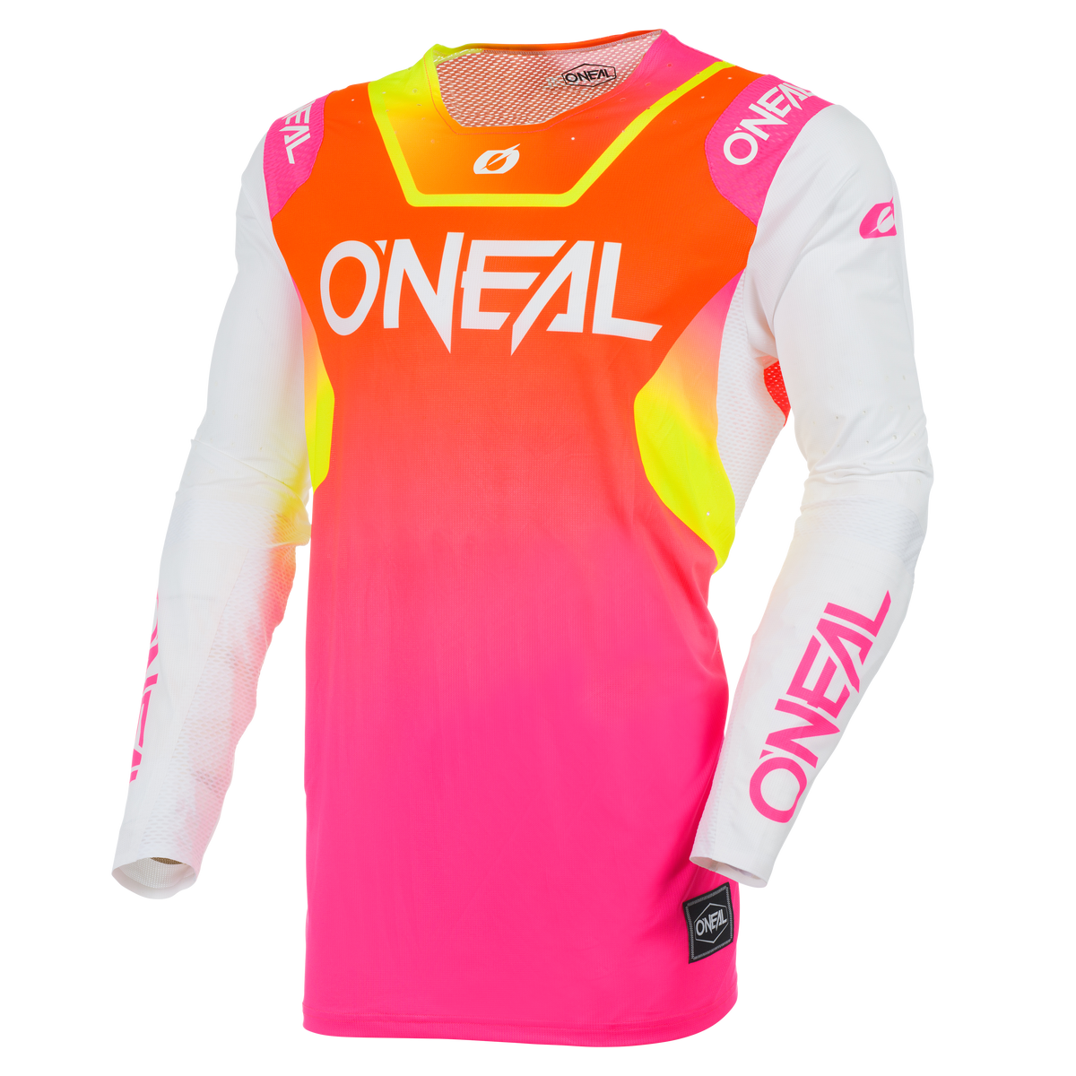 The O'NEAL Europe PRODIGY Jersey FIVE SIX is a long-sleeved white/neon cycling jersey made from Pro-Lite performance materials with the "O'NEAL" logo on the chest, sleeves and tag - ideal as an eye-catching cycling jersey.