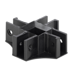 Der O'NEAL RACE TENT Centre Bottom Connector von O'NEAL ist ein schwarzes, X-förmiges Kunststoffteil mit mehreren Schlitzen und Löchern zur Verbindung von vier Trägern oder Stangen im rechten Winkel.