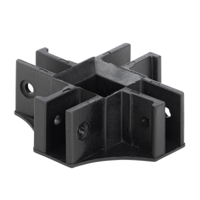 Der O'NEAL RACE TENT Centre Bottom Connector ist ein schwarzes, kreuzförmiges Kunststoffteil mit mehreren Schlitzen und Schraubenlöchern. Es ist symmetrisch mit einem zentralen quadratischen Bereich und hat vier ausziehbare Arme, die jeweils zwei Schraubenlöcher aufweisen. Der Verbinder wird vor einem schlichten weißen Hintergrund angezeigt.