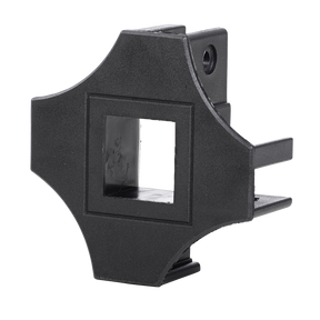 Der O'NEAL RACE TENT Centre Top Connector von O'NEAL ist ein schwarzer, kreuzförmiger Kunststoffadapter mit einer quadratischen zentralen Öffnung und zwei horizontalen Zinken auf einer Seite.