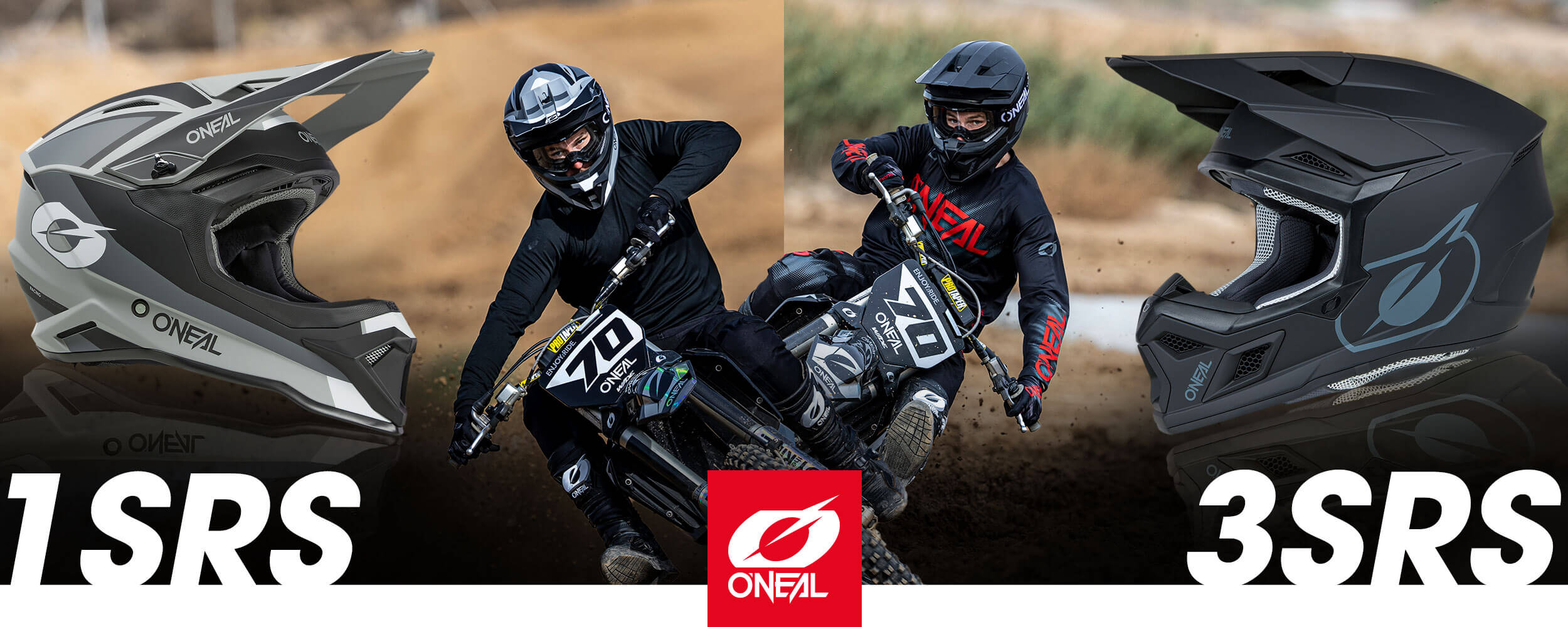 Ein Werbebild für O'Neal-Helme, das zwei Typen zeigt: 1SRS und 3SRS. Es zeigt Motocross-Fahrer in Aktion, die diese Helme tragen. Das Bild zeigt Nahaufnahmen jedes Helms neben den Fahrern und unterstreicht das Logo und den Namen der Marke.