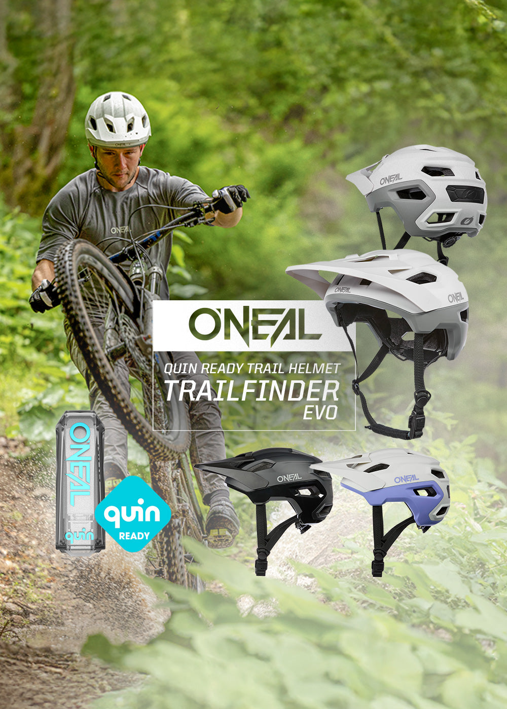 Ein Mountainbiker fährt auf einem Waldweg. Drei O'Neal Trailfinder Evo-Helme in Weiß, Schwarz und Blau sind zu sehen, mit einem Quin Ready-Sensor und dem O'Neal-Logo in der Mitte.
