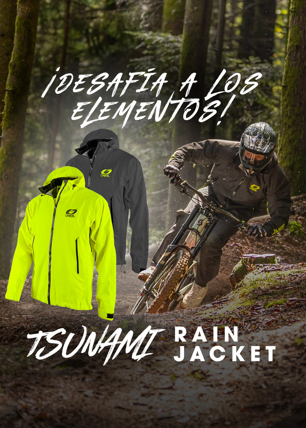 Ein Mountainbiker fährt mit einer Regenjacke durch einen Wald. Im Vordergrund sind zwei Tsunami-Regenjacken, eine neongelbe und eine schwarze, zu sehen. Der Text lautet: "¡Desafía a los elementos!" und "Tsunami-Regenjacke".