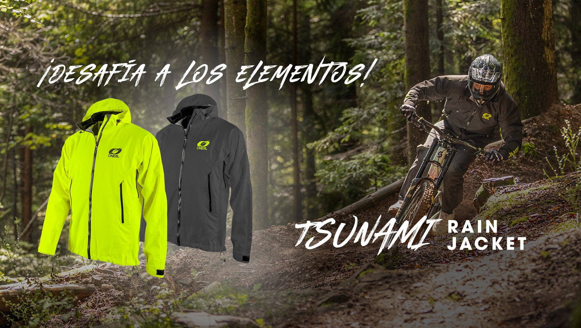 Ein Werbebild für die Tsunami-Regenjacke zeigt einen Mountainbiker, der durch einen Wald fährt, und zwei abgebildete Jacken, eine neongelbe und eine schwarze. Der Text auf Spanisch lautet: "¡Desafía a los elementos!" und "Tsunami Rain Jacket".