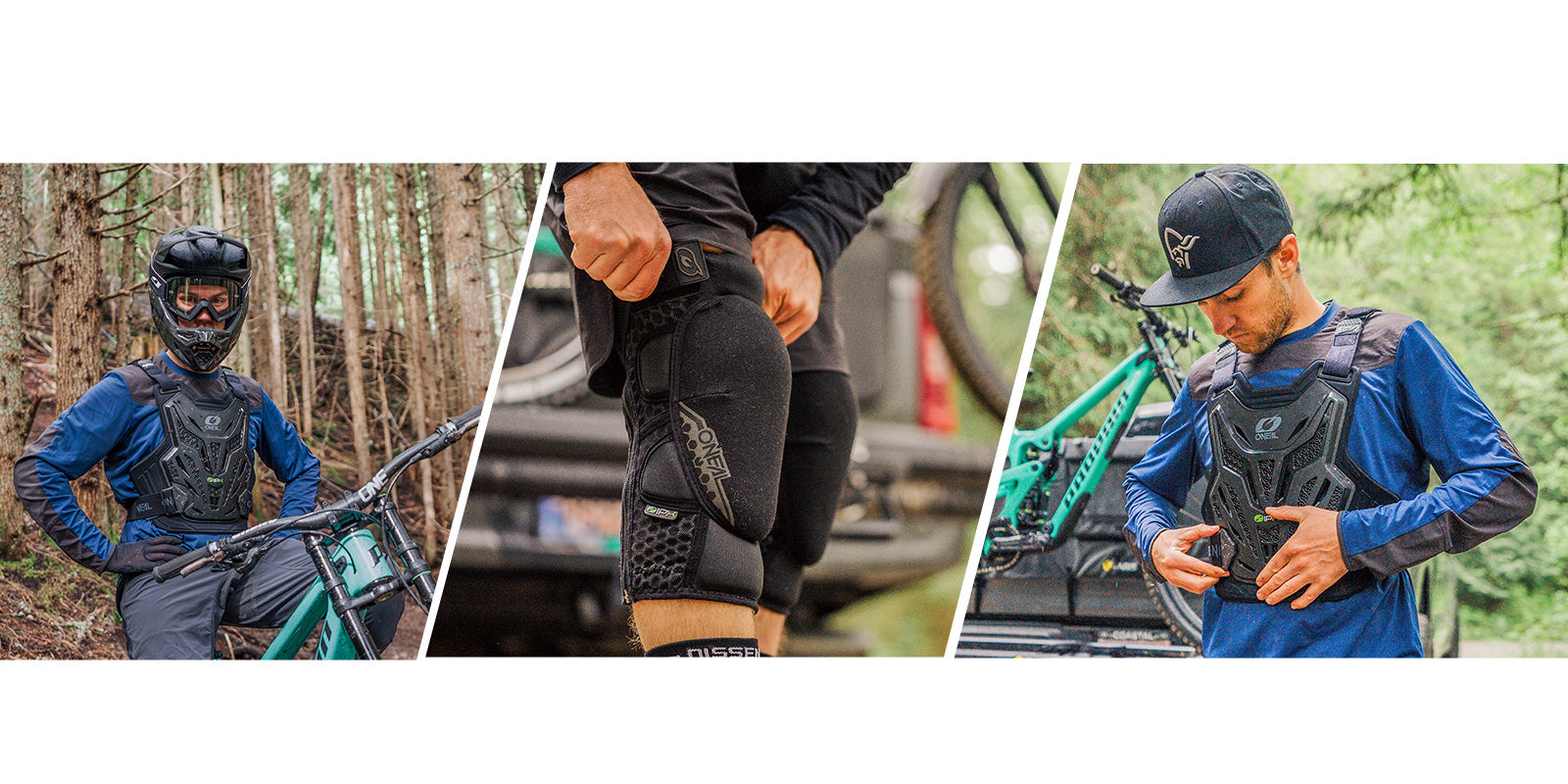 Drei Bilder zeigen Mountainbike-Ausrüstung. Links: Eine Person mit Helm, blauem Trikot und Schutzweste steht mit einem Fahrrad im Wald. Mitte: Nahaufnahme einer Person, die Knieschützer zurechtrückt. Rechts: Eine Person mit blauem Trikot und Mütze rückt ihre Schutzweste neben einem abgestellten Fahrrad zurecht.