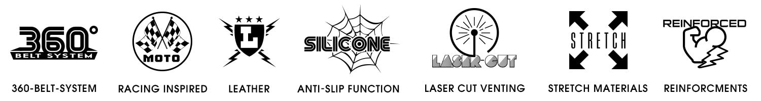 Sieben in einer Reihe angeordnete Icons mit den jeweiligen Beschriftungen: „360°-Gurtsystem“, „Racing-Inspiriert“, „Leder“, „Silikon“, „Anti-Rutsch-Funktion“, „Lasergeschnittene Belüftung“, „Stretch-Materialien“ und „Verstärkungen“. Jedes Icon symbolisiert die entsprechende Funktion.